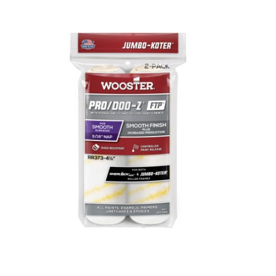 The image features a WOOSTER Jumbo-Koter 4-1/2 in. Pro/Doo-Z FTP Roller Cover 2-Pack, emphasizing shed resistance and micropore technology for a smooth finish, perfect for various paints and primers.